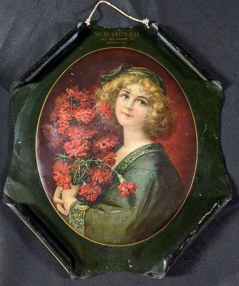 ROLLED CORNER TIN LITHO SIGNE "CARNATION GIRL" W.D.MEYER QUINCY ILLINOIS