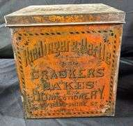 RIEDINGER & OERTLE CRACKERS CAKES & CONFECTIONERY GLASS FRONT BIN TIN QUINCY ILLINOIS