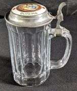 PILSEN BREWING OLYMPIA GIRL GLASS BEER MUG STEIN PEWTER & PORCELAIN COVER  CHICAGO ILLINOIS