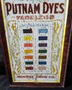 SELF FRAMED TIN SIGN PUTNAM FADELESS DYES MONROE DRUG CO QUINCY ILLINOIS