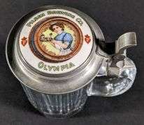 PILSEN BREWING OLYMPIA GIRL GLASS BEER MUG STEIN PEWTER & PORCELAIN COVER  CHICAGO ILLINOIS