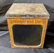 RIEDINGER & OERTLE CRACKERS CAKES & CONFECTIONERY GLASS FRONT BIN TIN QUINCY ILLINOIS