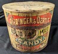 ANTIQUE WOOD COUNTRY STORE CONTAINER RIEDINGER & OERTLE WORLDS FAIR MIXED CANDY QUINCY ILLINOIS