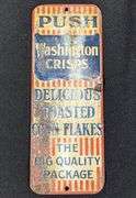 EMBOSSED TIN DOOR PUSH SIGN WASHINGTON CRISPS TOASTED CORN FLAKES CEREAL (QUINCY IL)