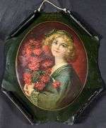 ROLLED CORNER TIN LITHO SIGNE "CARNATION GIRL" W.D.MEYER QUINCY ILLINOIS
