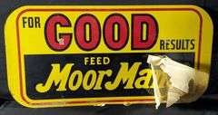 NOS MASONITE SIGN MOOR MANS FEED FOR GOOD RESULTS (QUINCY ILLINOIS)