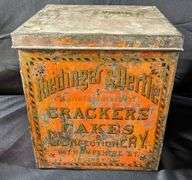 RIEDINGER & OERTLE CRACKERS CAKES & CONFECTIONERY GLASS FRONT BIN TIN QUINCY ILLINOIS