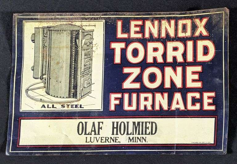 EMBOSSED TIN SIGN LENNOX TORRID ZONE FURNACE OLAF HOLMIED LUVERNE MINNESOTA