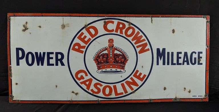 PORCELAIN SIGN RED CROWN POWER MILEAGE GASOLINE - Millers Auction Co.