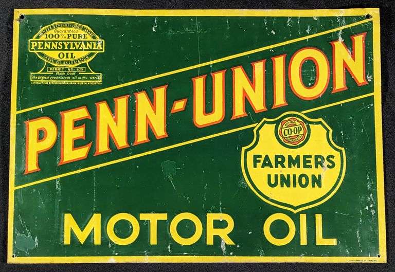 EMBOSSED TIN SIGN FARMERS UNION COOP PENN UNION MOTOR OIL