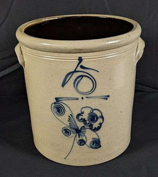 5 GAL COBALT DECORATED BUTTERFLY SALT GLAZE STONEWARE CROCK