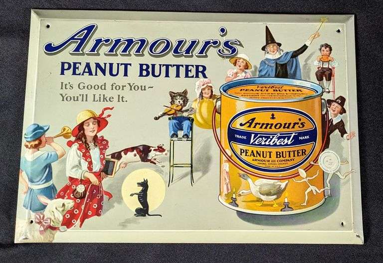 TOC TIN LITHO SIGN ARMOUR'S PEANUT BUTTER TIN CAN "INCREDIBLE GRAPHICS"