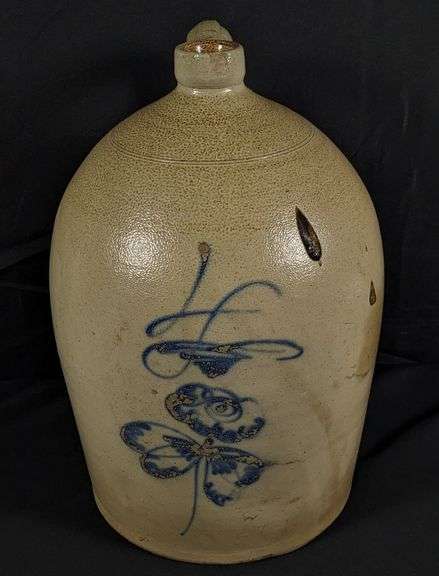 HAND TURNED SALT GLAZE STONEWARE 4 GAL BUTTERFLY BEEHIVE CROCK JUG