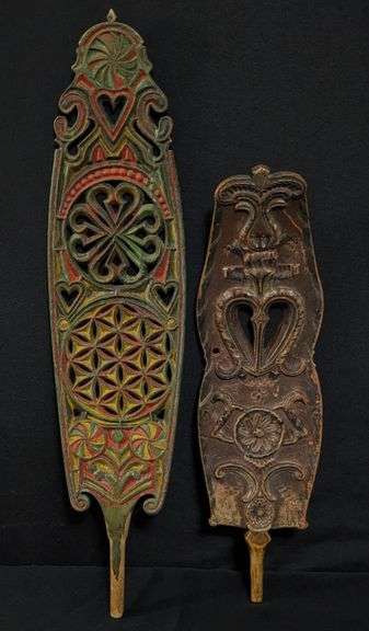 2- 1700'S TO 1800'S SCANDINAVIAN PAINTED FOLK ART CARVED DISTAFF'S (DOGS)