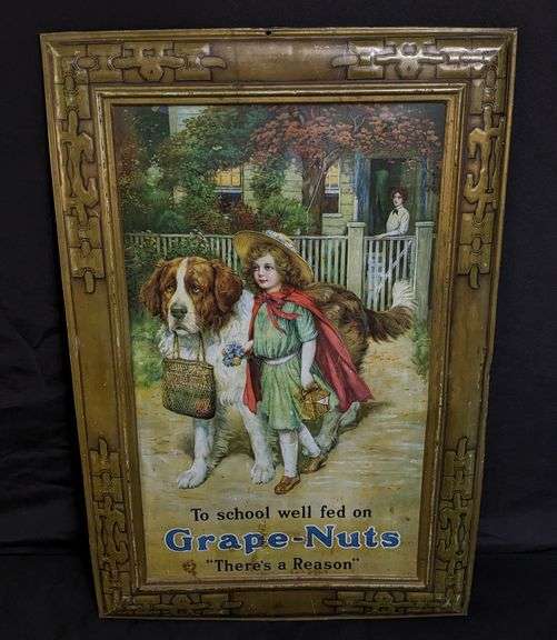 EMBOSSED TIN LITHO SIGN TO SCHOOL WELL FED GRAPE-NUTS