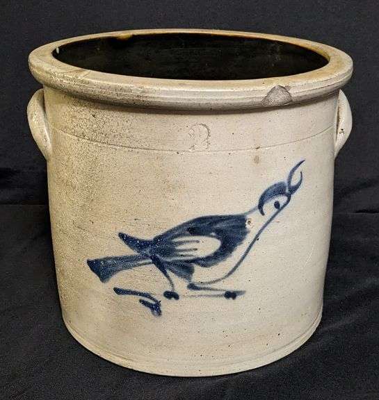 2 GAL SALT GLAZE STONEWARE CROCK COBALT BLUE DECORATED BIRD