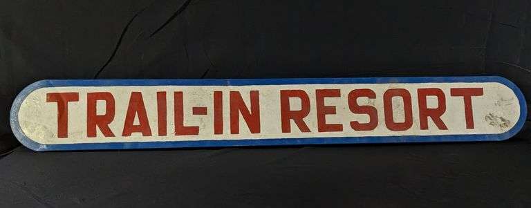 VINTAGE HAND PAINTED TIN SIGN TRAIL-IN RESORT (MINNESOTA)