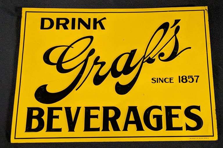 EMBOSSED TIN SIGN DRINK GRAF'S BEVERAGES SINCE 1857 IOWA CITY IA