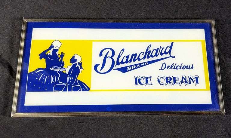 GLASS LIGHTED SIGN BLANCHARD BRAND DELICIOUS ICE CREAM