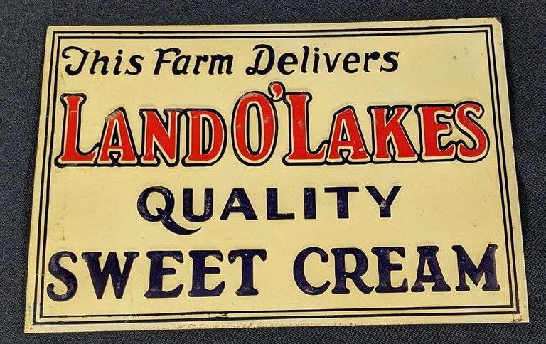 EMBOSSED TIN SIGN THIS FARM DELIVERS LAND O' LAKES QUALITY SWEET CREAM