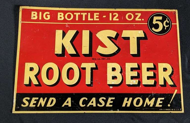 EMBOSSED TIN SIGN KIST ROOT BEER 5¢ BIG BOTTLE