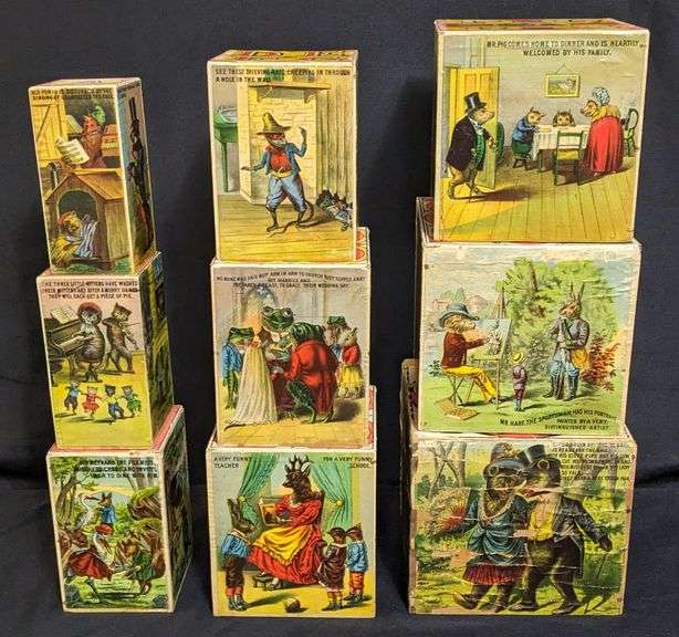 1800'S NURSERY RYHME GRADUATED STACKING ALPHABET & NUMBERS WOOD BLOCKS