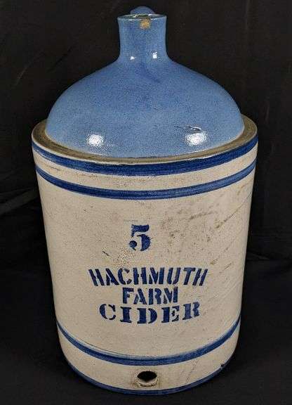 5 GAL HACHMUTH FARM CIDER ADVERTISING STONEWARE JUG WITH SPIGOT HOLE (MICHIGAN)