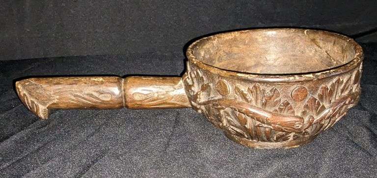 ANTIQUE FOLK ART CARVED NORWEGIAN ALE DIPPER DRAGON & SERPENETS