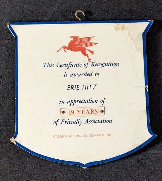 SOCONY VACUUM OIL CO MOBIL CERTIFICATE OF RECOGNITION SIGN AWARD ERIE HITZ