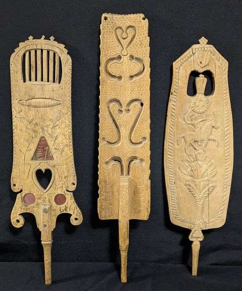 3- 1700'S TO 1800'S SCANDINAVIAN FOLK ART CARVED DISTAFF'S (HORSE & RIDER FISH)