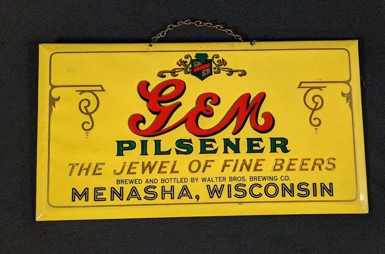 CELLULOID OVER TIN SIGN GEM PILSENER THE JEWEL OF FINE BEER MENASHA WISCONSIN