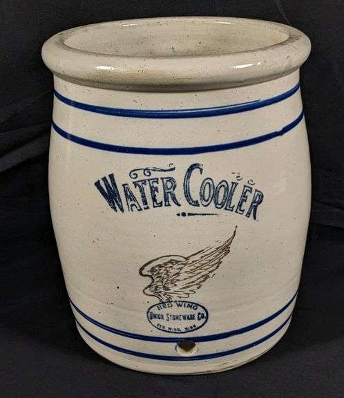 HAND TURNED RED WING STONEWARE 3 GAL WATER COOLER "BLUE-ISH WING"