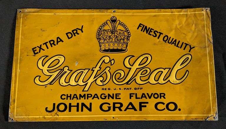 EMBOSSED TIN SIGN GRAF'S SEAL CHAMPAGNE FLAVOR JOHN GRAF CO MILWAUKEE WISCONSIN