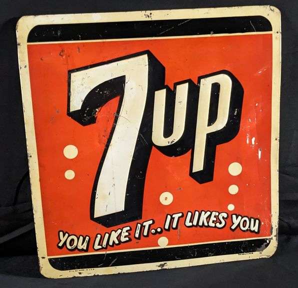 EMBOSSED TIN SIGN 7UP YOU LIKE IT - IT LIKES YOU SEVEN UP 7-UP