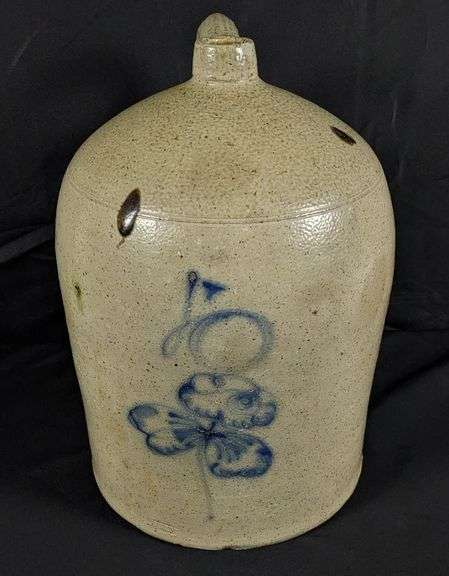 HAND TURNED SALT GLAZE STONEWARE 5 GAL BUTTERFLY BEEHIVE CROCK JUG