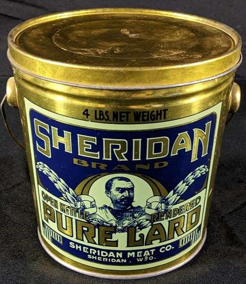 4# TIN LITHO CAN (GENERAL) SHERIDAN BRAND OPEN KETTLE RENDERED PURE LARD SHERIDAN MEAT CO WYOMING