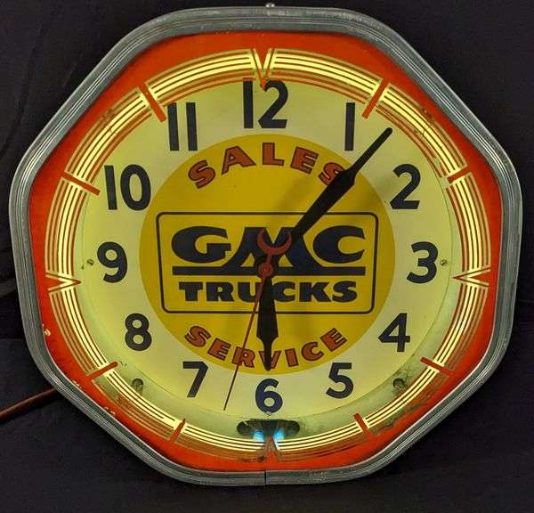 NEON LIGHTED CLOCK SIGN GMC TRUCKS SALES & SERVICE - Millers Auction Co.