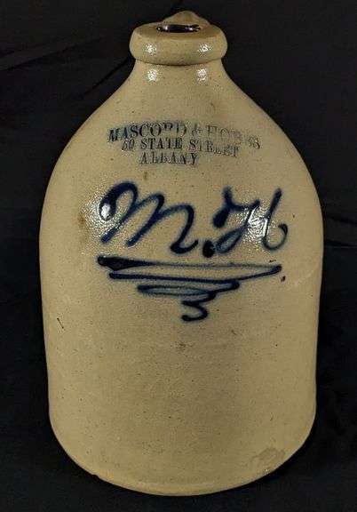 1 TO 2 GAL SALT GLAZE ADVERTISING STONEWARE BEEHIVE CROCK JUG MASCORD & HOBBS 50 STATE STREET ALBANY
