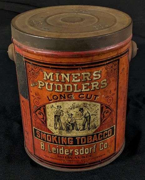 TIN LITHO TOBACCO TIN CAN MINERS AND PUDDLERS LONG CUT SMOKING TOBACCO B. LEIDERSDORF CO MILWAUKEE W