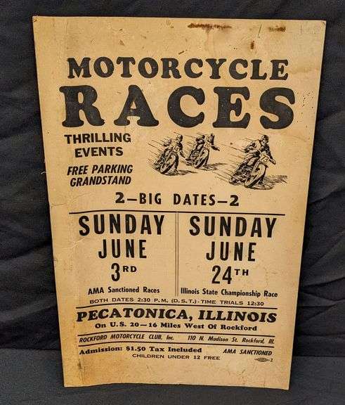 CARDSTOCK POSTER SIGN AMA MOTORCYCLE RACES PECATONICA ILLINOIS ROCKFORD ...