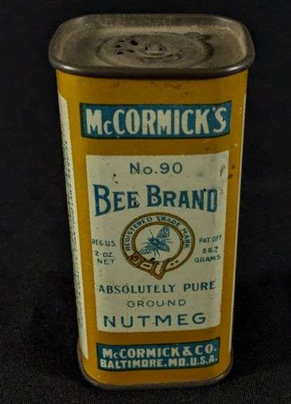 2OZ TIN LITHO SPICE CAN MCCORMICK'S BEE BRAND NO 90 NUTMEG BALTIMORE MARYLAND