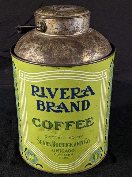 5# TIN LITHO CREAM CAN SHAPED COFFEE CAN RIVERA BRAND SEARS & ROEBUCK CHICAGO ILLINOIS