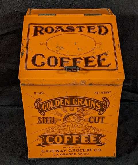 5# TIN LITHO BIN CAN GOLDEN GRAINS STEEL CUT COFFEE GATEWAY GROCERY CO LA CROSSE WISCONSIN