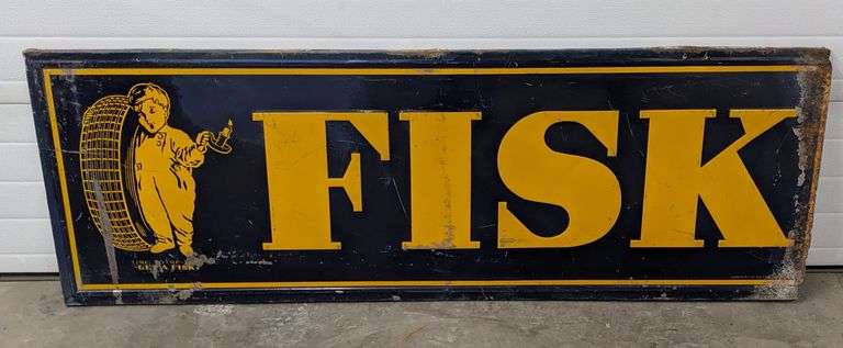 EMBOSSED TIN SIGN FISK TIRES - Millers Auction Co.
