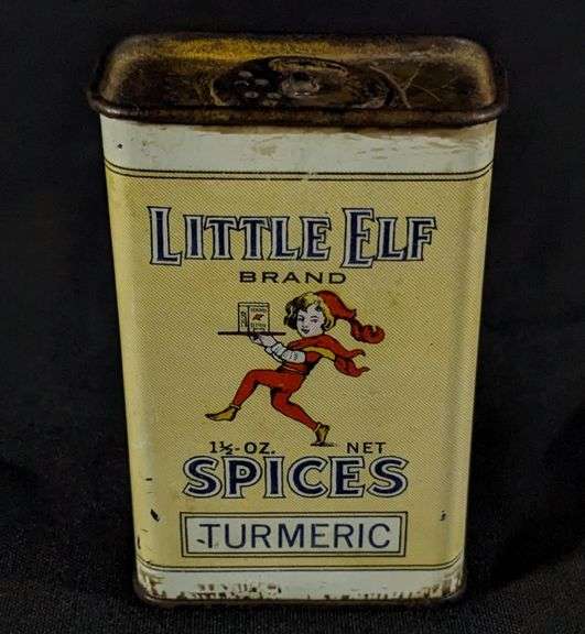 1 1/2 OZ TIN LITHO SPICE CAN LITTLE ELF BRAND SPICES TURMERIC G.E. BURSLEY & CO FORT WAYNE & ELKHART