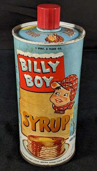 1 PINT 6 OZ TIN LITHO CAN BOTTLE BILLY BOY SYRUP WM BARNES MINNEAPOLIS MINNESOTA