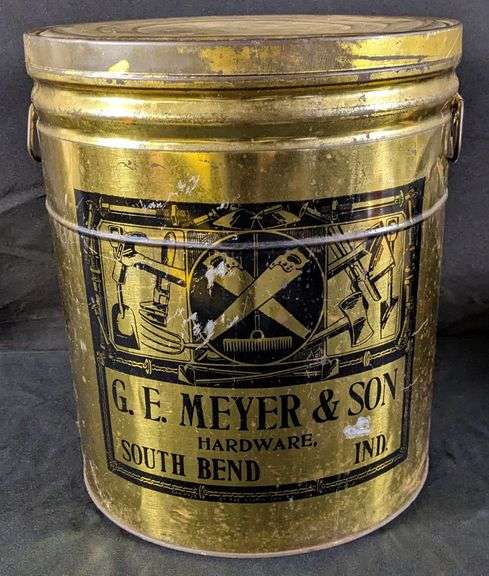 VERY UNUSUAL 50# TIN LITHO LARD TIN CAN G.E. MEYER & SON HARDWARE SOUTH BEND INDIANA
