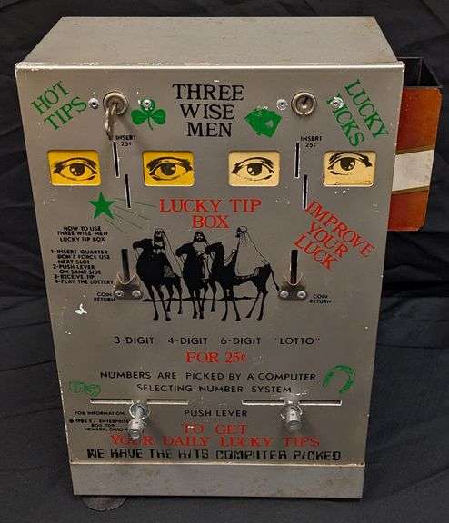 VINTAGE COIN OPERATED VENDING MACHINE THREE WISE MEN HOT TIPS LUCKY PICKS