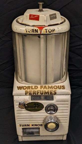 "NORTHWESTERN" PERFUME COIN OPERATED VENDING MACHINE "SILVER QUARTERS ONLY" EVENING IN PARIS FOLIE DI MINUIT JEALOUSLY GREEN TUBE BREATHLESS RED TUBE