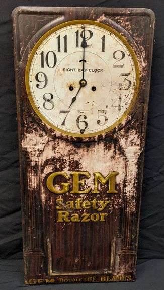 EMBOSSED TIN CLOCK SIGN GEM SAFETY RAZOR